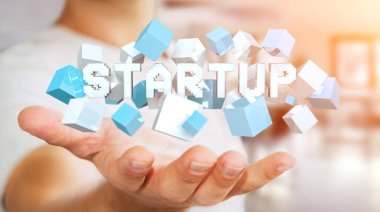 3D render başlangıç tanıtımı küp ile yüzen tutan adam