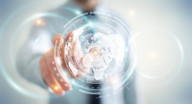 İşadamı hologram ekran dijital veriler 3d renderin ile kullanma