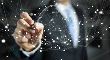 Uçan Dünya ağ arabirimi 3d işlemesini kullanan iş adamı