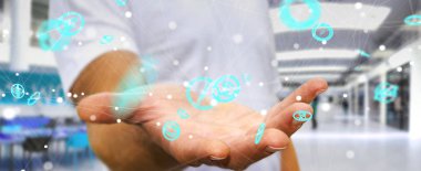 Uçan ağ bağlantısı arabirimi 3d renderi kullanarak iş adamı