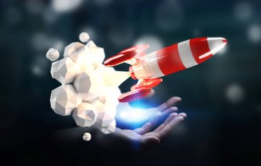 Kırmızı roket onun el 3d render tutan işadamı