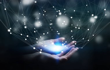 Uçan ağ bağlantısı arabirimi 3d renderi kullanarak iş adamı