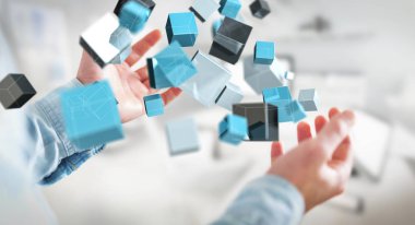 Mavi parlak küp ağ 3d renderin yüzen tutan işadamı