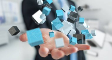 Mavi parlak küp ağ 3d renderin yüzen tutan işadamı