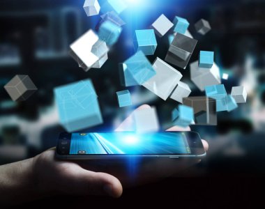 Mavi parlak küp ağ 3d renderin yüzen tutan işadamı