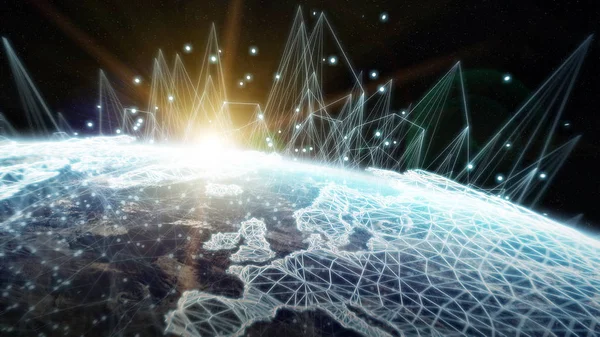 Globaler Netzwerk- und Datenaustausch über den Planeten Erde 3d rend — Stockfoto