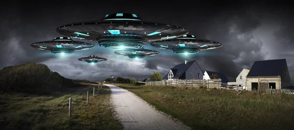 UFO invasie op planeet aarde landascape 3D-rendering — Stockfoto