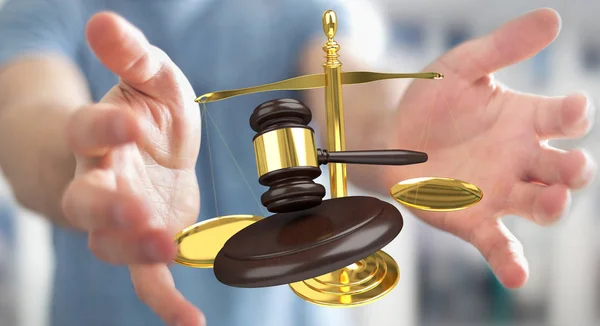 Zakenman met hamer van Justitie en met een gewicht van schalen 3D-rendering — Stockfoto