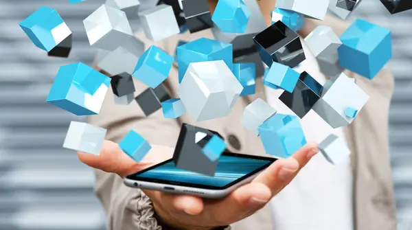 Zakenman bedrijf drijvende blauwe glimmende kubus netwerk 3D-renderin — Stockfoto