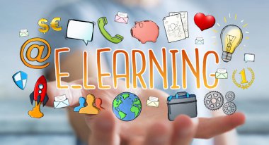 E-öğrenme sunu çizilmiş tutan işadamı