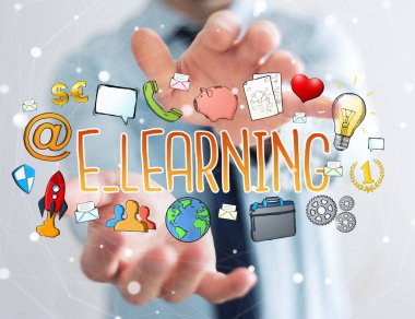 E-öğrenme sunu çizilmiş tutan işadamı