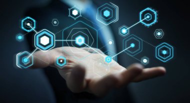 Dijital ekranlar hologramlar veriler 3d render ile kullanarak iş adamı