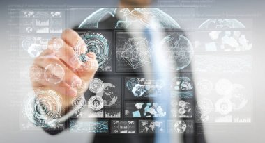 Dijital ekranlar hologramlar veriler 3d render ile kullanarak iş adamı