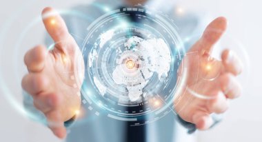 İşadamı hologram ekran dijital veriler 3d renderin ile kullanma