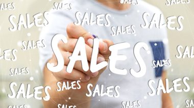 İşadamı kalem 3d render ile satış simgeler dokunmadan