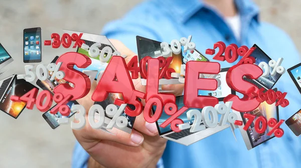Empresario tocando iconos de ventas con una representación 3D pluma — Foto de Stock