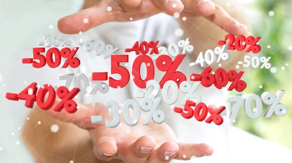 Empresario sosteniendo iconos de ventas en su mano 3D renderizado — Foto de Stock