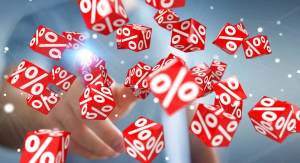 Affärsman med vita och röda sales flygande ikoner 3d-rendering — Stockfoto