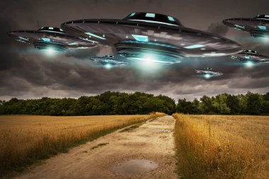 UFO işgal gezegen Dünya'ya landascape 3d render