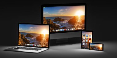 Karanlık modern bilgisayar dizüstü cep telefonu ve tablet 3d render