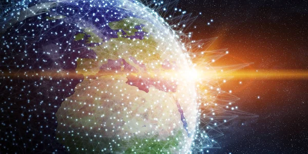 Globaler Netzwerk- und Datenaustausch über den Planeten Erde 3d rend — Stockfoto