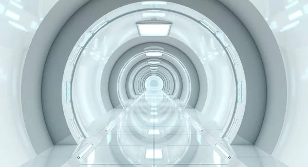 Renderização futurista brilhante do corredor 3D da nave espacial — Fotografia de Stock