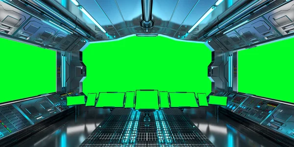 Інтер'єр космічного корабля з видом на зелені вікна 3D рендеринга — стокове фото