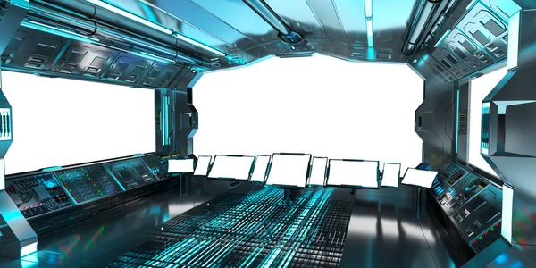 Nave espacial interior con vista sobre ventanas blancas 3D renderizado — Foto de Stock