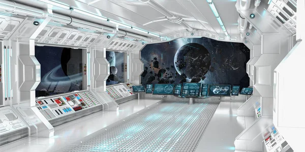 Statek kosmiczny wnętrza z widokiem na odległych planetach system renderowania 3d — Zdjęcie stockowe