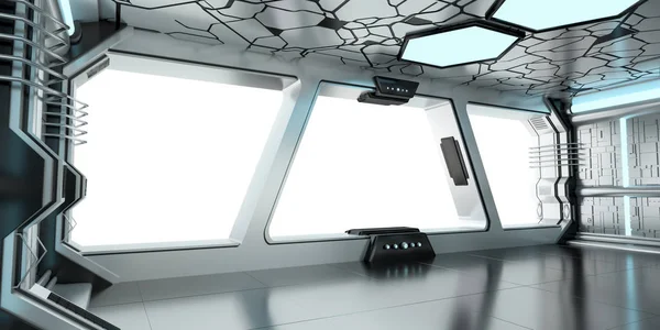 Nave espacial azul e branco interior 3D renderização — Fotografia de Stock