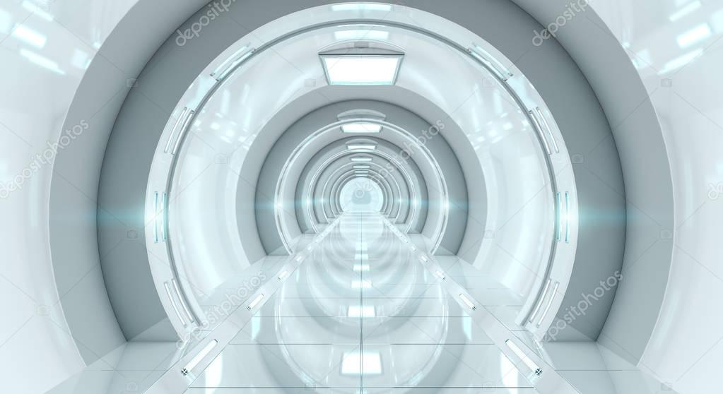 Bright futuristic spaceship corridor 3D rendering