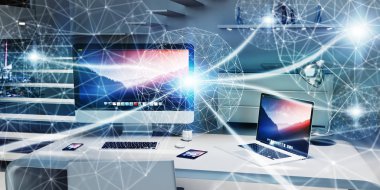 Parlak nokta ağ 3d render masaüstünde kayan