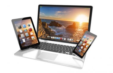 Dizüstü bilgisayar cep telefonu ve tablet 3d render birbirine bağlı
