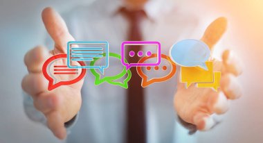 Dijital renkli 3d render konuşma ICO kullanarak iş adamı