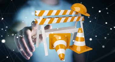 Dijital 3d render altında inşaat işaretleri kullanarak iş adamı