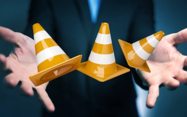 Dijital 3d render altında inşaat işaretleri kullanarak iş adamı