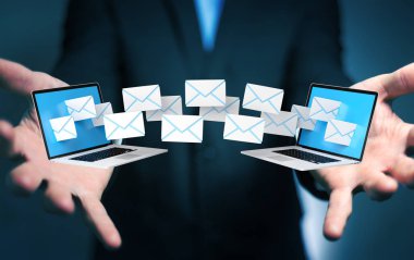 İşadamı onun dijital cihazlar 3d renderin üzerinde e-posta alma