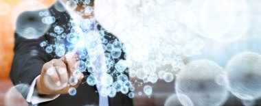 Onun f ile 3D render veri ağ küre dokunmadan işadamı