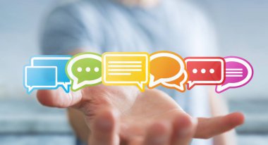 Renkli düz konuşma simgeler 3d rendering kullanarak iş adamı