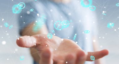 Uçan ağ bağlantısı arabirimi 3d renderi kullanarak iş adamı