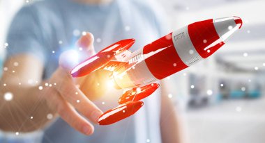 Kırmızı roket onun el 3d render tutan işadamı