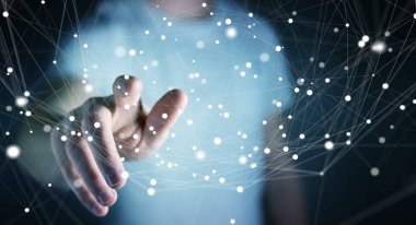 Uçan ağ bağlantısı arabirimi 3d renderi kullanarak iş adamı