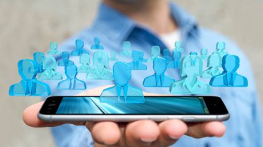 3D rendering grup mavi insan tutan işadamı 