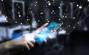 Uçan ağ bağlantısı arabirimi 3d renderi kullanarak iş adamı