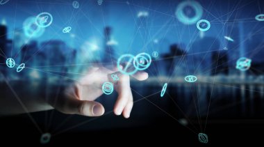 Uçan ağ bağlantısı arabirimi 3d renderi kullanarak iş adamı