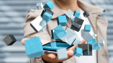 Mavi parlak küp ağ 3d renderin yüzen tutan işadamı