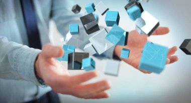 Mavi parlak küp ağ 3d renderin yüzen tutan işadamı