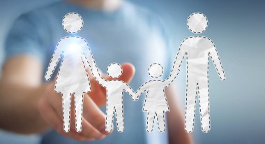 Onun parmak 3d renderi ile aile arabirimi dokunmadan işadamı