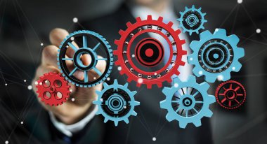 Kayan dişli simgeleri ile bir kalem 3d render dokunmadan işadamı