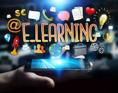 E-öğrenme sunu çizilmiş tutan işadamı